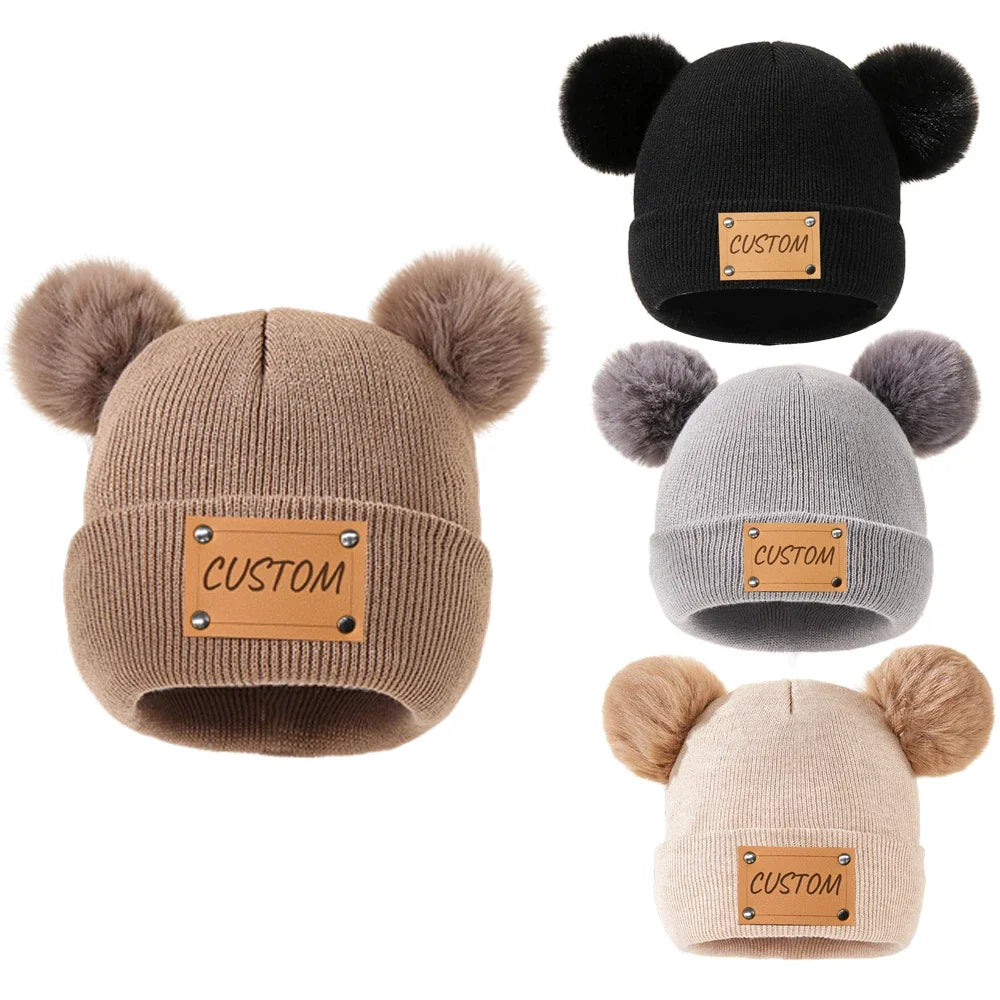 Beanie with Name Baby Warm Knitted Hats With Pom