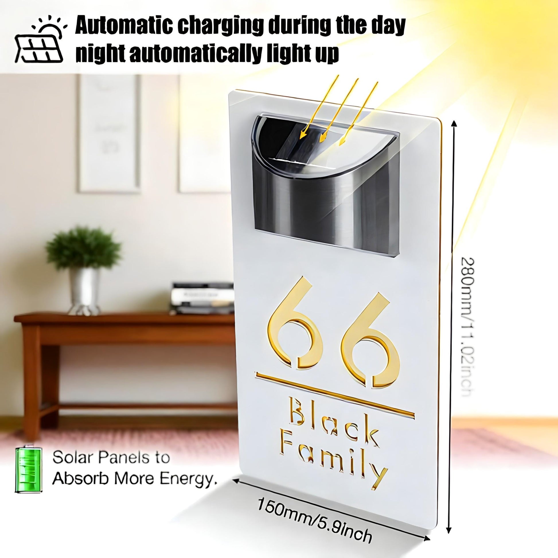 Custom Solar House Number Sign with LED Light, Personalized Outdoor Address Plaque, Weatherproof Modern Door Plate, Lighted Address Marker