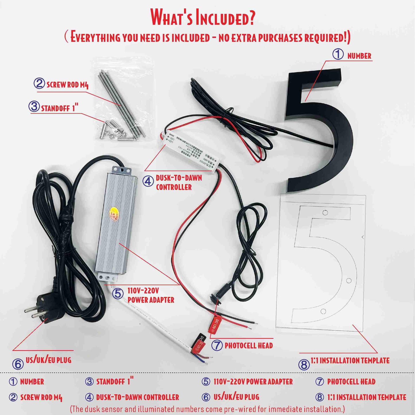 Solar Illuminated House Numbers, LED Address Sign with Night Light, Weatherproof Glowing Number Plaque, Automatic Dusk-to-Dawn Lighting