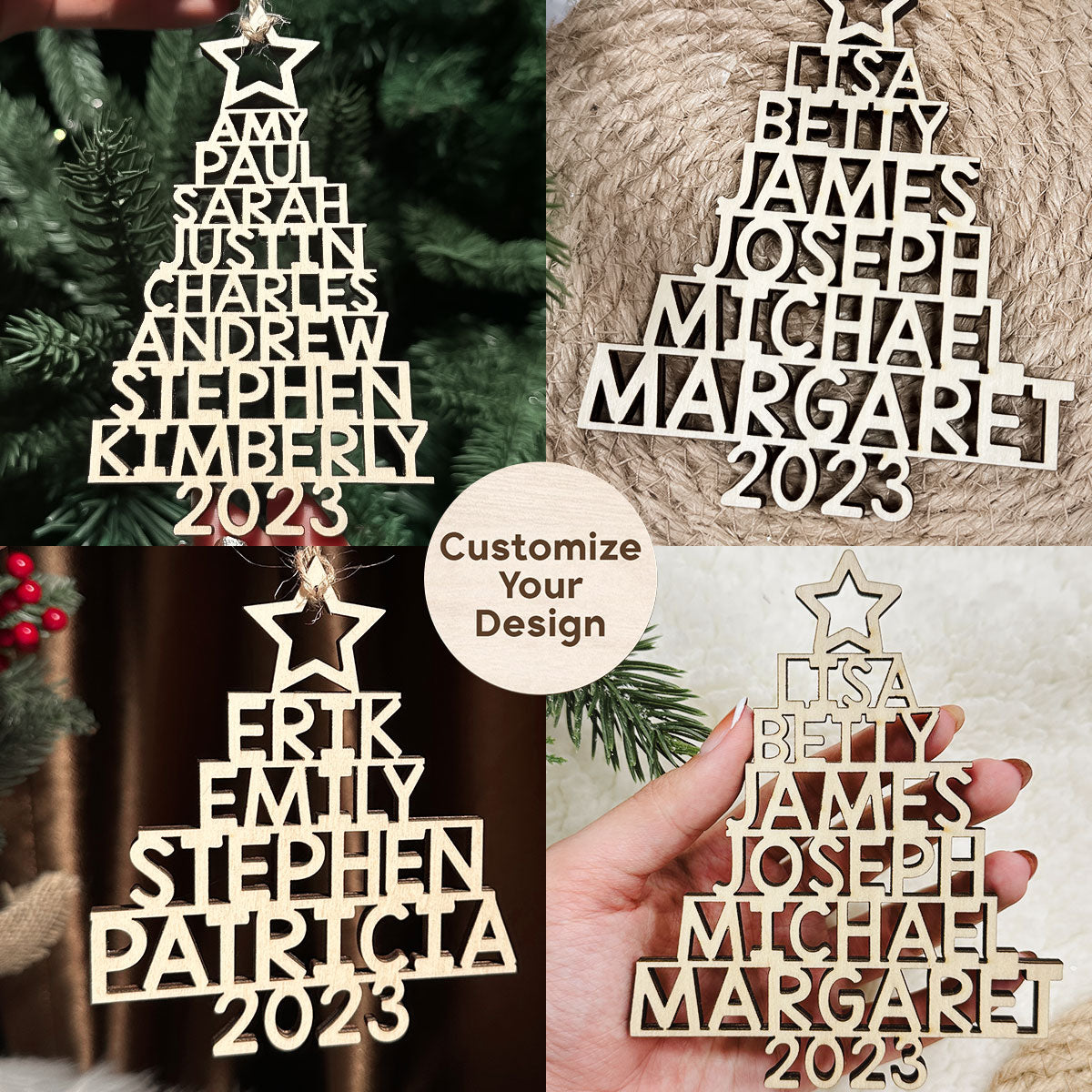 Custom Family Names 2023 Christmas Tree Ornament Up To 14 Names - Family, Group, Coworkers Wooden Shaped Ornament