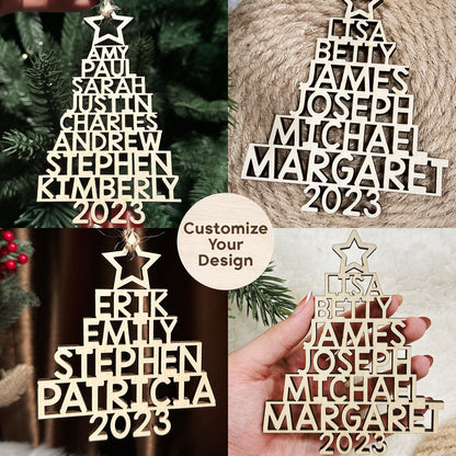 Custom Family Names 2023 Christmas Tree Ornament Up To 14 Names - Family, Group, Coworkers Wooden Shaped Ornament